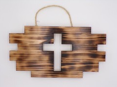 Rustic Primitive Wood Wall Hanging Cross with Grass Rope – Choice of 7 Colors