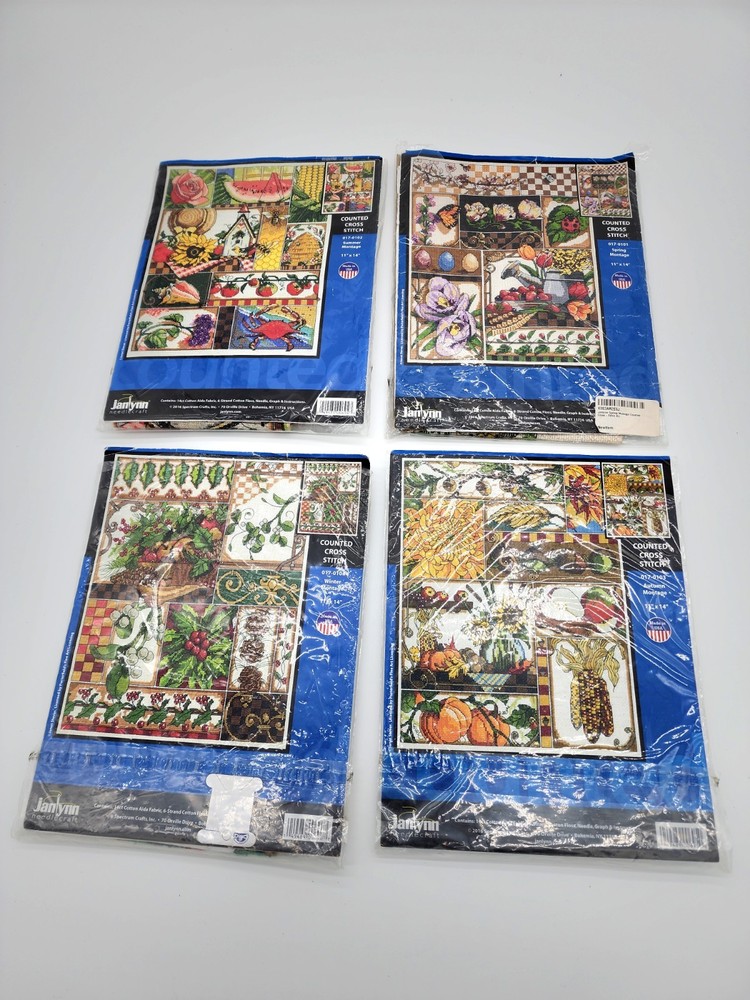 4 Completed Cross Stitch Art Spring Summer Autumn Winter Janet Stever Janlynn