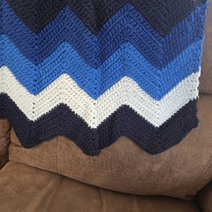 Crochet Chevron Afghan Blanket Throw Knit Blue Ombre Striped 68″x52″