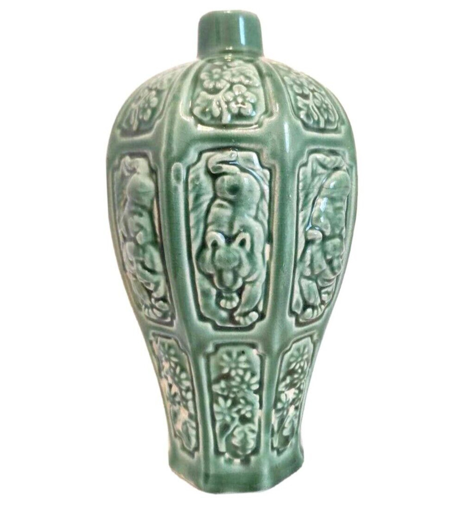 Celadon Green Glaze Majolica Porcelain Jug Relief Heavy Stalking Tigers Cork VTG