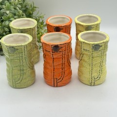 6 Retro Vases Denim Jeans Style Ceramic Cups Set Orange Lime Atomic 4″ 60s