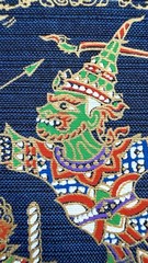Set of 2 Thai Ramakien Silk Print Fabric Panels 7” Square Mythology Art