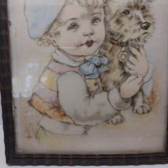Antique 1909 Illust. & Picture Frame Girl With Her Puppy Unique Letter On Back