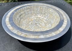 Abalone Shell in Stainless Steel 10 1/2″ Serving Bowl Fruit Nuts Vtg Pier 1