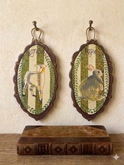 Set of 2 Wooden French Cottage Decorative Wall Plaques Animal Illustrations 5×3”