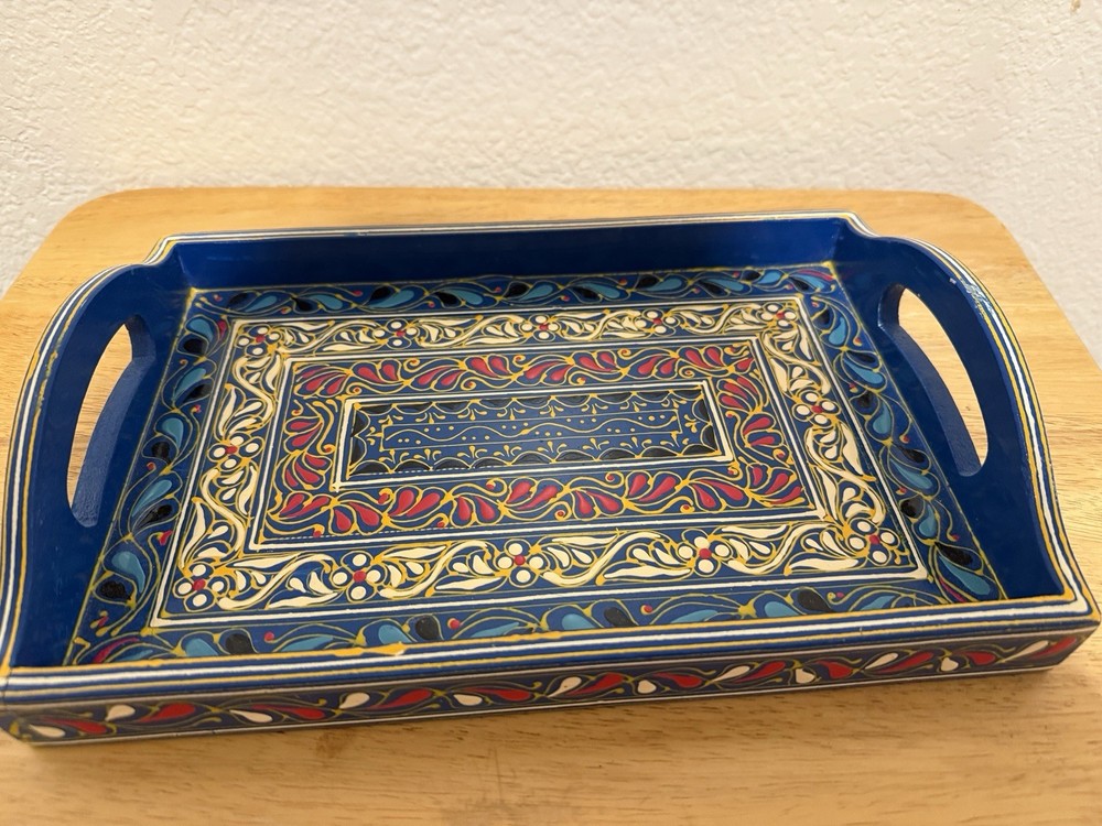 Rectangular Wood Decorative Ottoman Tray with Handles
