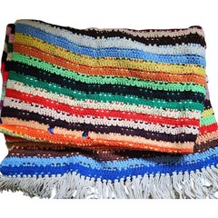 Vintage 70s embroidered Large Multicolor knitted blanket throw with Fringes
