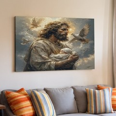 Jesus Holding Baby with Glowing Light and White Doves Spiritual Canvas Art Decor