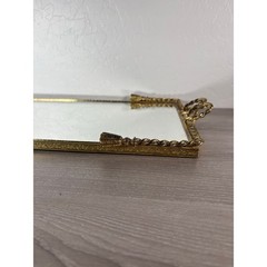 Vintage 1970s Mirrored Rectangular Tray W Ornate Brass Rope Ribbon Tassel Detail