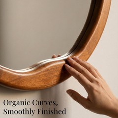 30″ Walnut Round Wall Mirror,Large Solid Wood Wavy Frame, Mid-Century for Living