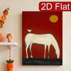White Horse with Red Background and Bird Canvas Wall Art, Abstract Folk Decor