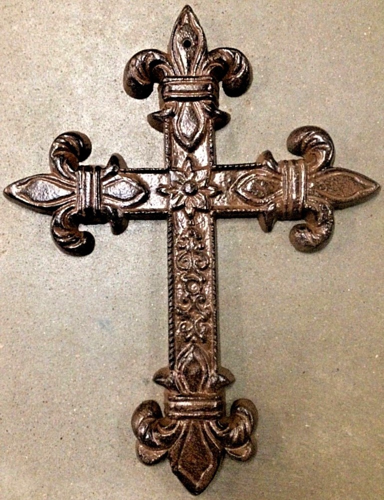 Large FLEUR DE LIS CROSS Antique Brown Patina Finish for wall mounting 9″ x 12″