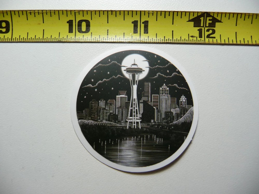 SEATTLE NIGHT FULL MOON SPACE NEEDLE SMALL STICKER DECAL NATURE OUTDOORS FUN