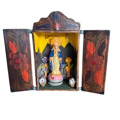 Vintage Peruvian Retablo Folk Art Virgin Mary Hand Painted Wooden Shadow Box