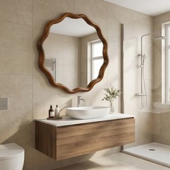 36 in Wavy Mirror, Round Solid Wood Frame Decorative Mirror For Bathroom Hotel
