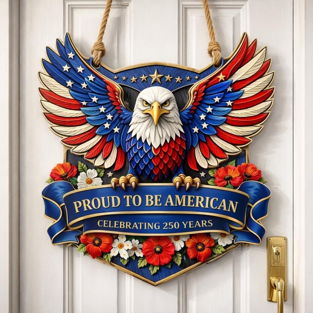 Wooden USA 250th Anniversary Door Sign: 250 Years of Freedom, Patriotic Eagle