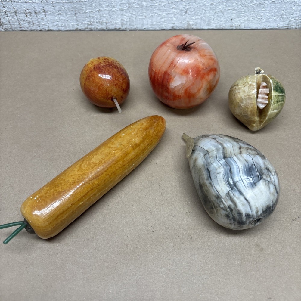 Vintage 5 Pieces Italian Stone Alabaster Hand Carved Mixed Fruits MCM