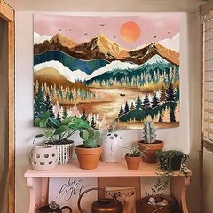 Mountain Tapestry Nature Forest Tree Tapestries for Bedroom 48″L x 36″W Orange