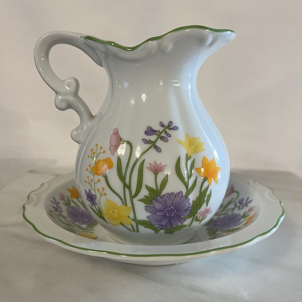 Vintage Floral Pitcher & Wash Basin Set Ceramic Hand Painted Cottage Chic