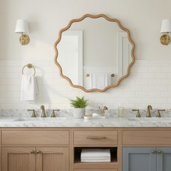 36 in Wavy Mirror, Round Solid Wood Frame Decorative Mirror For Bathroom Hotel
