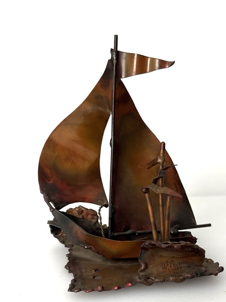 Signed W.Watts (?) 1981 Copper Sailboat Sculpture Brutalist Nautical Art