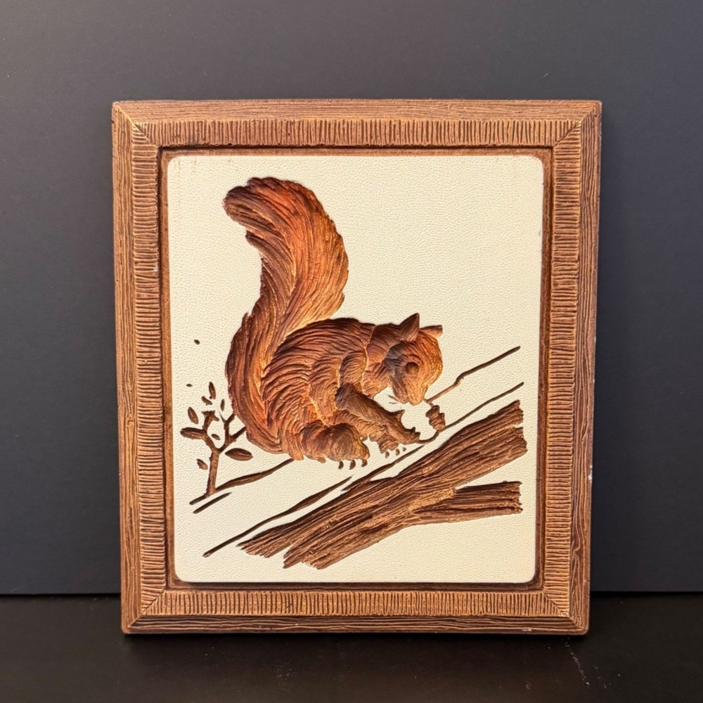 Handmade Ceramic Squirrel Wall Art Plaque With Rustic Frame Look
