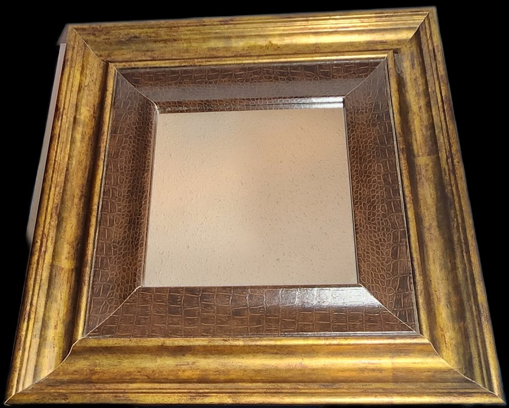 square mirror faux alligator textured inner frame and gold toned outer frame