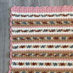 Vtg Hand Crochet Blanket Afghan Throw Pink Gray Brown Multicolor 59”x49”Signed