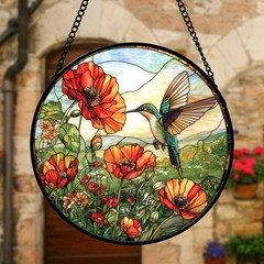DASTOLL Stained Glass Window Hanging, Hummingbirds 9.8×9.8 IN, Orange Color