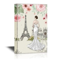 Wall26 – Canvas Wall Art – Back of a Lady with Eiffel Tower and Flowers – 16×24