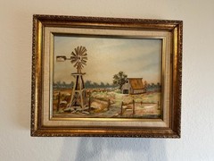 Vintage Oil Painting Signed Iva Frazier Windmill Barn Farm Landscape
