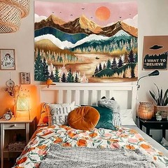 Mountain Tapestry Nature Forest Tree Tapestries for Bedroom 48″L x 36″W Orange