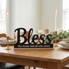 Metal Bless This Home Sign for Tabletop Decor,Black Bless Words Sign with Woo…