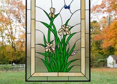Tiffany Style stained glass hanging window panel iris flower. 24″ x 36″