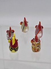 Hand Made Colorful Art Glass Multi Colors Chickens Roosters Minitures Set Of 5