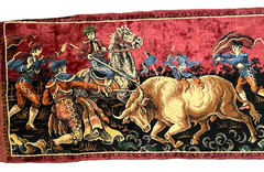 SPANISH THEME MATADOR Tapestry Wall Art Bull Fight Rug Velvet Fringe 40×22” VTG