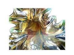 Hand-Blown Iridescent Glass Flower Sculptural Design Green/Amber/Pink Accents