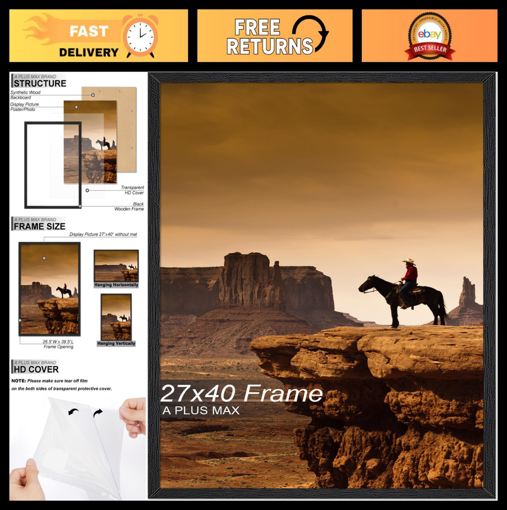 27×40 Black Picture Frame – Lightweight Engineered Wood for Posters & Photos