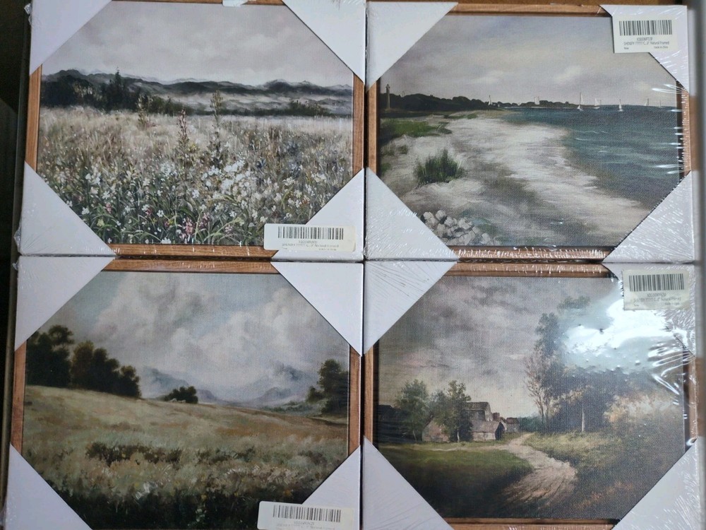 Set Of 4, Framed Landscape Print Modern Canvas Wood Art Horizontal Each 8″x10″
