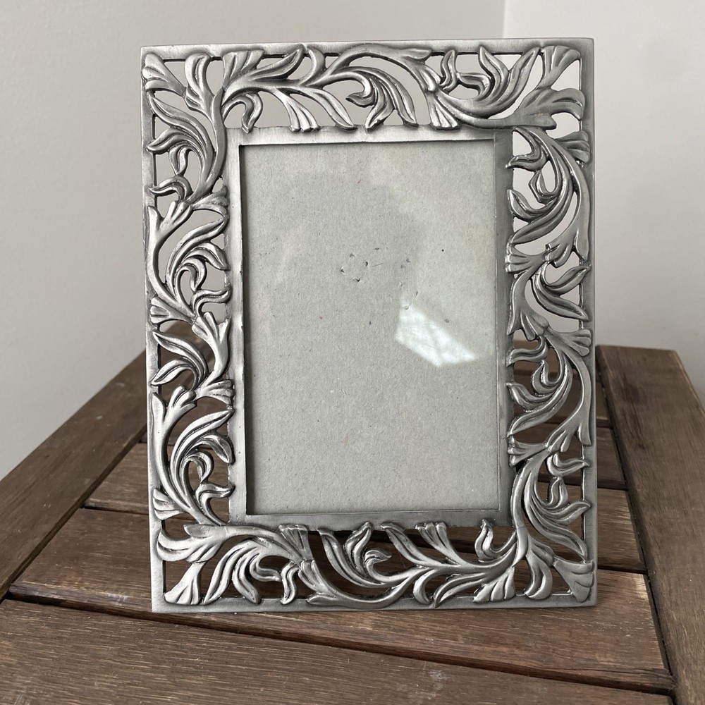 Silver Tone Rectangular Photo Frame Floral Pewter Design 3.5” x5”