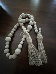 Wood Bead Garland Strand w/ Jute Tassels, Beige Boho Decor 36 in