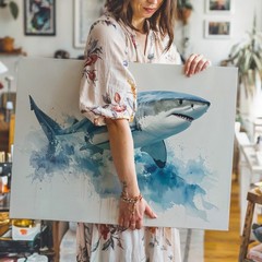 Leaping Shark Watercolor Canvasenergetic Ocean Motion Wall Art