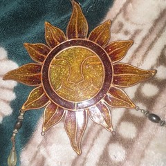 Sun Face Glass Hanging Suncatcher, Gold & Amber Glitter Finish, Beaded Dangles