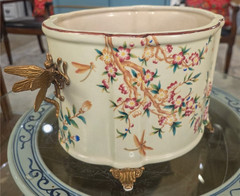 Porcelain Oval Planter with Ormolu Dragonfly Handles-Floral Vine-14» x 8»H