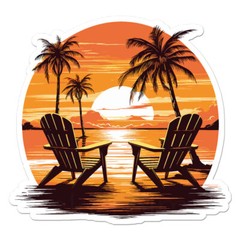 Beach Chairs Sunset, Vinyl Decal Sticker, Indoor Outdoor, 3 Sizes, #11916