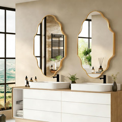 Gold Scalloped Irregular Wall Mirror with Brushed Metal Frame, Modern Asymmetric