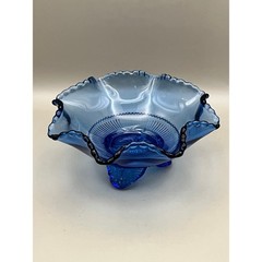 Vtg Cobalt Blue Glass Ruffled Footed Bowl Beaded Edge Candy Nut Dish 5.25″ Decor