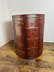 Vintage Faux Leather Wastebasket Planter Red Gold Wood Decor Office Study Bin