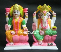 9 Inches White Marble Maa Laxmi and Ganesha Ji Statue Hand Carving Work Vinayak