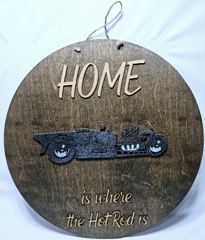 Wooden Classic Hot Rod Car Round Laser Cut Wall Door Art 18″ D